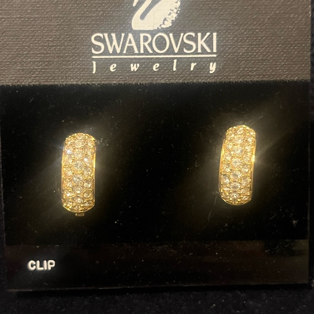 Swarovski Gold Tone and Silver Crystal Hoop Clip on Earrings
